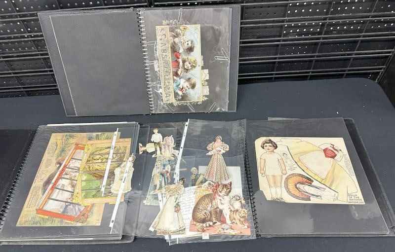 Misc. ephemera lot in (3) portfolios, including large DIE CUTS, PAPER DOLL sheets, LITHOS & (1 of 20)