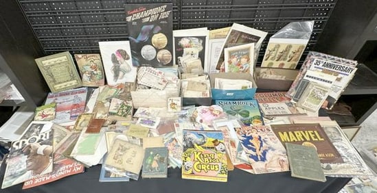 Big lot misc. ephemera to include prints, magazines, sports books & magazines, old letters, WW II
