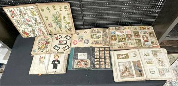 ( 7 ) Victorian albums of TRADE CARDS, DI CUTS, LITHOS & GREETING CARDS & related, albums covers are