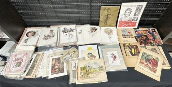 Misc. print lot, lots from books, Harrison Fisher, etc. Plus lot of GODEY'S Lady Books, with fashion