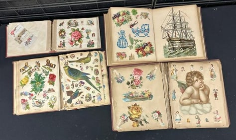 ( 4 ) Victorian partial DIE CUT albums, album covers in rough condition, loose pages, good amount of