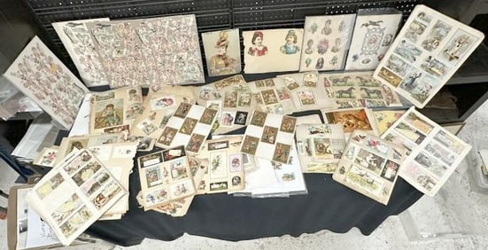 Big lot Victorian album pages of TRADE CARDS, LITHOS, VALENTINES, some DIE CUTS & related….good
