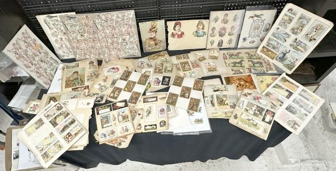 Big lot Victorian album pages of TRADE CARDS, LITHOS, VALENTINES, some DIE CUTS & related….good (1 of 14)