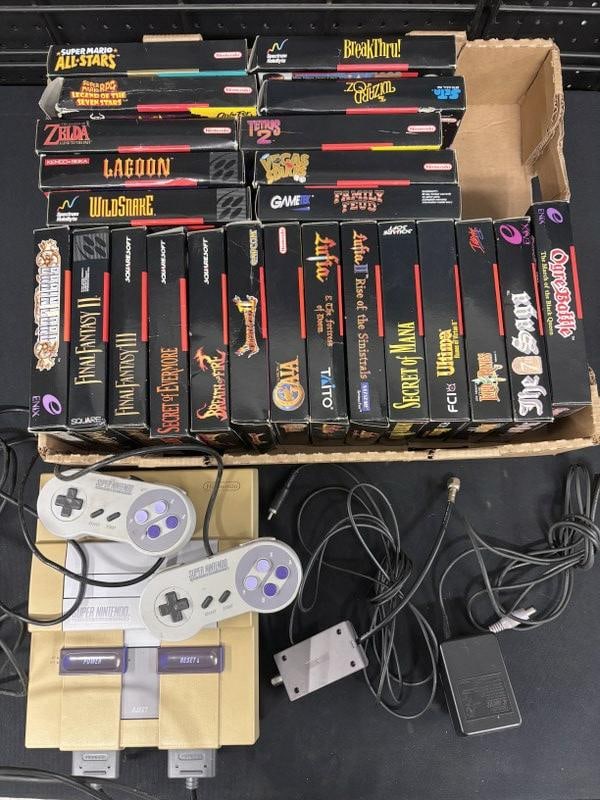 lot of 20+ Super Nintendo SNES Cartridges + console. These are untested, but most have boxes and (1 of 12)