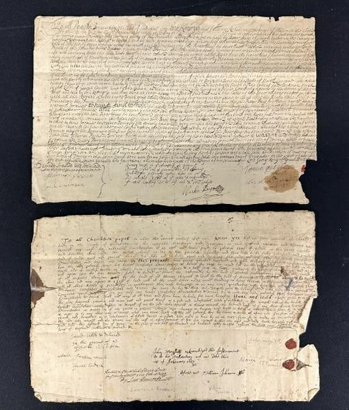 (2) early NEW ENGLAND LAND DEEDS - 1689 Charlestown New England Land Deed John Mousell to Patrick (1 of 5)