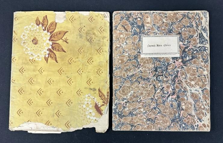 (2) circa 1818 era wallpaper poetry & verse books of Sarah Ann Price, with nice writings & (1 of 11)