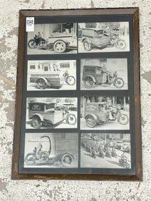 Framed group of (8) MOTORCYCLE photographs, including side cars with advertising…the frame