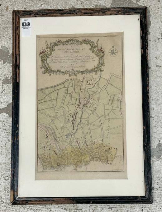 Framed MAP ( A NEW AND ACCURATE SURVEY OF THE PARISHES )….in older worn frame, map measures 15.5": Framed MAP ( A NEW AND ACCURATE SURVEY OF THE PARISHES )….in older worn frame, map measures 15.5" x 9.5", the frame measures 20.5" x 14.5".