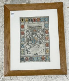 1614 handcolred framed print ( THE ACHIEVEMENT OF OUR SOUVERAIGNE KING JAMES AS HE NOWE BEARETH WITH