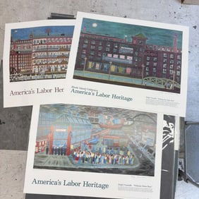 Lot of 3 signed Ralph Fasanella America's Labor Heritage posters. "Working the Night Shift" measures