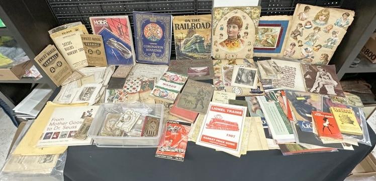 HUGE lot misc. ephemera to include early booklets, dance cards, trade catalogs, automobilia, partial (1 of 11)