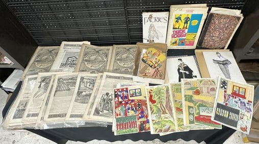 Misc. ephemera lot to include Asian woodblocks, books, as is condition Scientific American,