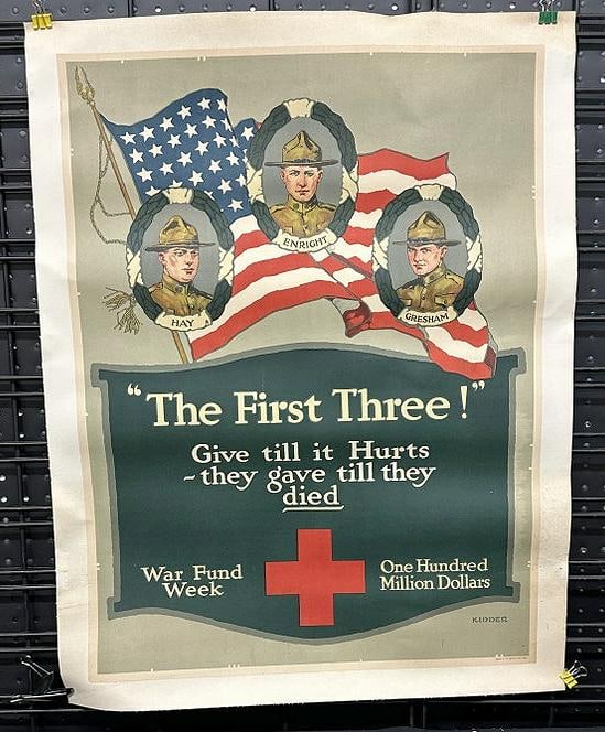WW I poster, linen backed, Artist is KIDDER, good condition, has to be flattened out, wasn't stored: WW I poster, linen backed, Artist is KIDDER, good condition, has to be flattened out, wasn't stored properly. Measures 26.5" x 20.5". Can be shipped in a tube…..