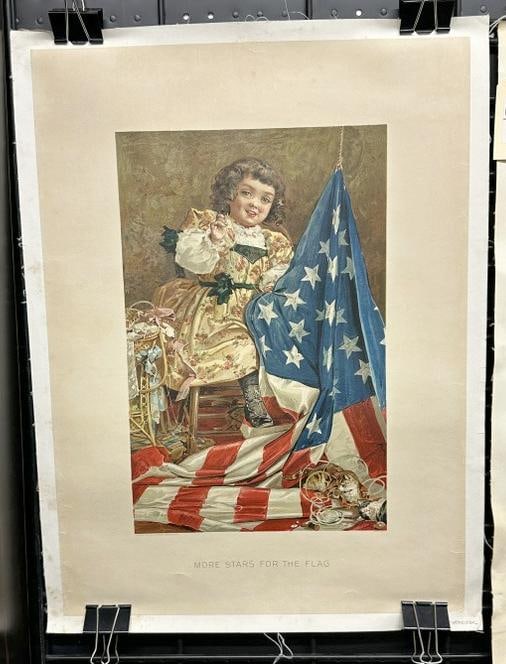 Victorian era linen backed litho of girl with American flag, titled ( MORE STARS FOR THE FLAG ), (1 of 1)