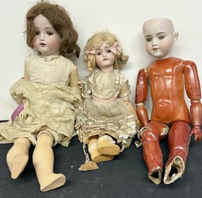 (3) old bisque head DOLLS, one is an AM, other Made in Germany, one not marked….just as we found
