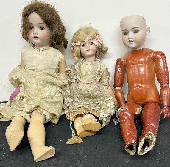 (3) old bisque head DOLLS, one is an AM, other Made in Germany, one not marked….just as we found (1 of 7)