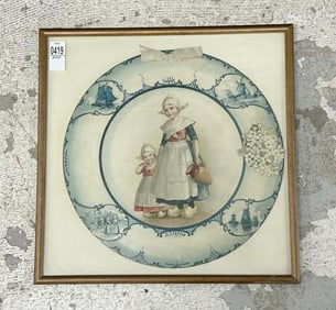 Large Die Cut & Litho Dutch Girls, nice condition, measures 13.5" x 14", the frame measures 16" x
