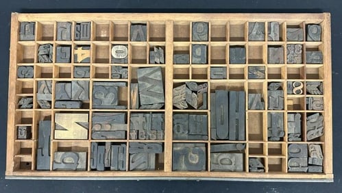Tray of old printer block letters & numbers, tray measures 17" x 32".
