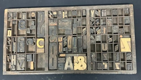 Tray of old printer block letters & numbers, tray measures 17" x 32".