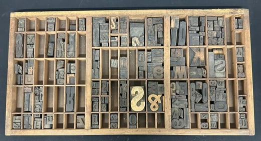Tray of old printer block letters & numbers, tray measures 17" x 32".