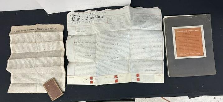 Misc. lot of ephemera from local estate to include 1856 Indenture on vellum, 1830 THE COLUMBIAN (1 of 6)