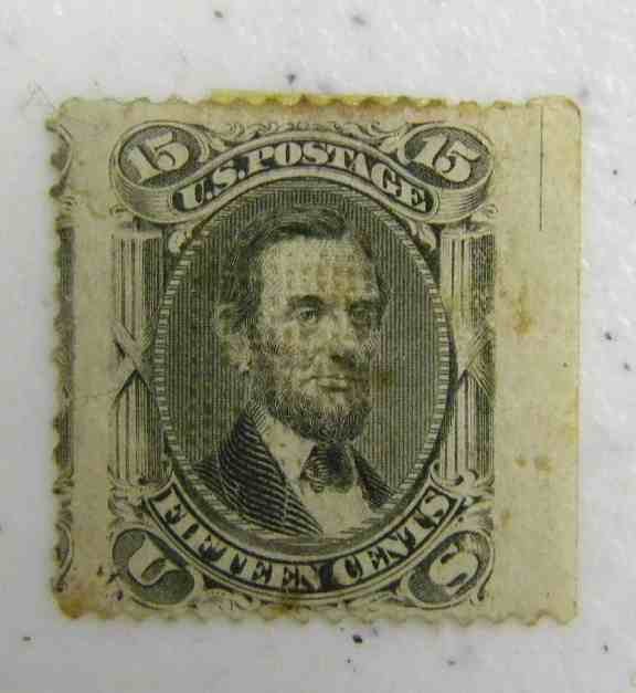 SCOTT #98 MARGIN COPY 15 Cent Lincoln Grill 9 x 13: SCOTT #98 MARGIN COPY 15 Cent Lincoln Grill 9 x 13, disturbed gum, attached hinge, stamp appears sound, some stains on front of stamp.