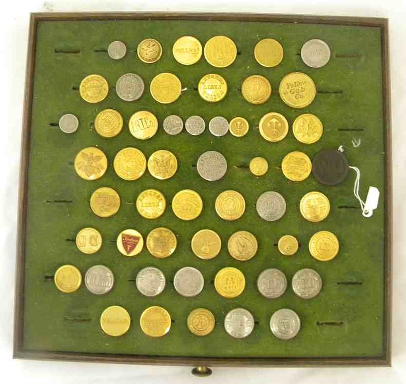 Old Brass Button & Others Transportation & Related Lot: Old Brass Button & Others Transportation & Related Lot, mostly East Coast, cab, plane, bus, Fire Dept., omnibus, Police, & others...53 in lot......