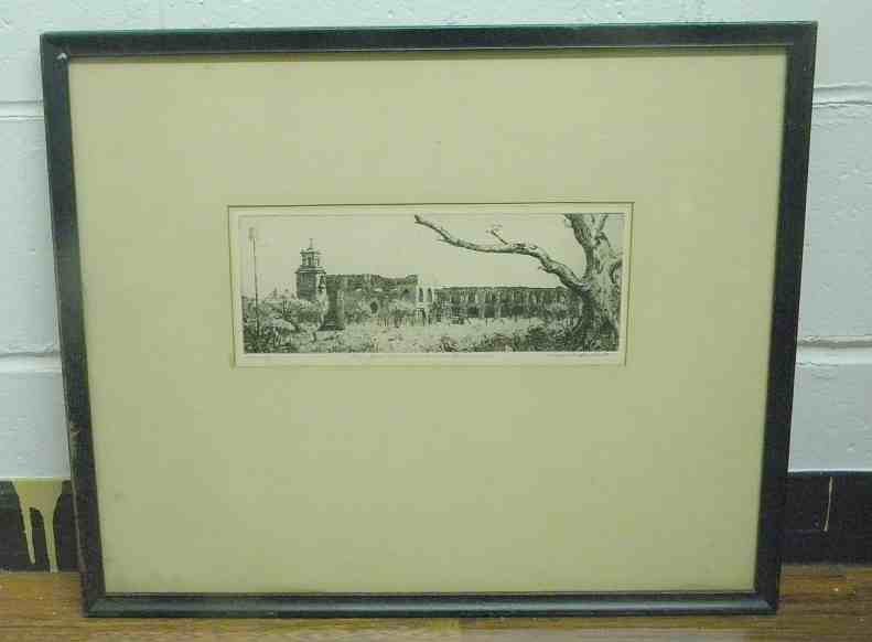 Etching San Jose Mission San Antonio Texas Signed Frank: Etching San Jose Mission San Antonio Texas Signed Frank ?????, can't quite make out last name. Nice condition, 100 Imp. Measures 6" x 12 1/2", in larger frame. Circa 1930's....