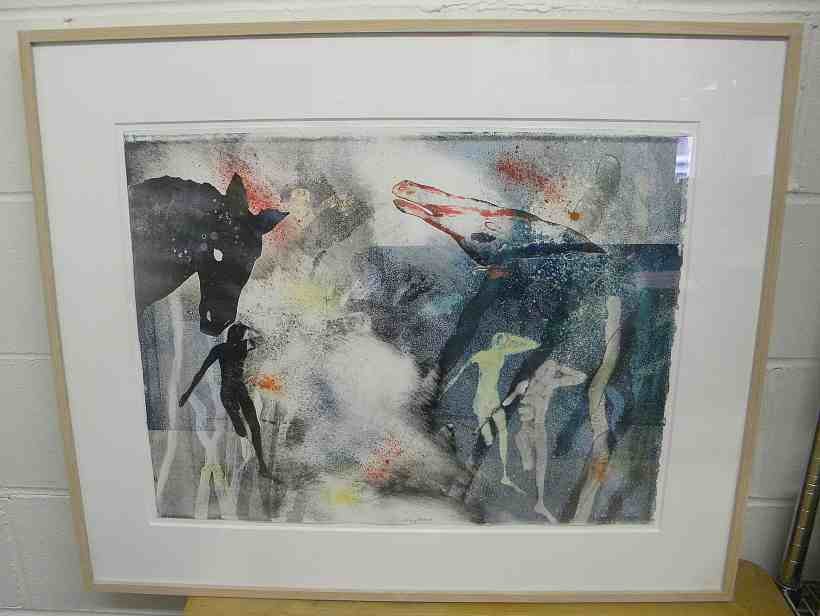 MARY FRANK Signed Print Horses With Figures: MARY FRANK Signed Print Horses With Figures, from the Woodstock, New York estate. In custom frame, nicely matted, signed in pencil, print measures 19" x 24". Frank is the only child of American painte