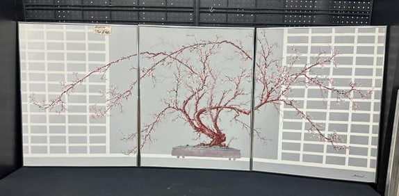 (3) pc. triptych o/c titled ( BONSAI ), By Roland Partos, in silver metal frames, the paintings