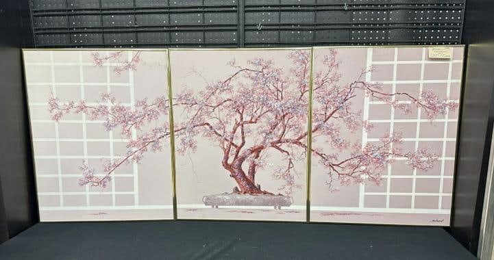 Roland Partos (3) pc. p/c triptych floral landscape, in gold metal frames, circa 1970's, nice (1 of 1)