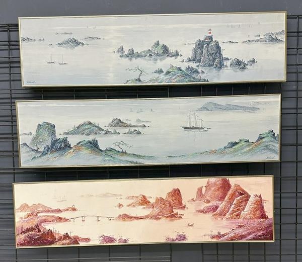 (3) o/b Roland Partos seascape oil paintings, all in nice estate condition, in metal frames, the: (3) o/b Roland Partos seascape oil paintings, all in nice estate condition, in metal frames, the paintings measure 12" x 46". Born in Timisoara, Rumania, in 1929. married to his wife Helen since 1959.