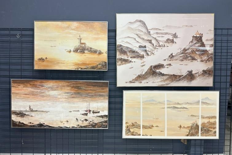 (4) large Roland Partos o/c paintings, all in nice estate condition, and in metal frames. To show: (4) large Roland Partos o/c paintings, all in nice estate condition, and in metal frames. To show scale the largest measures 35" x 48". Born in Timisoara, Rumania, in 1929. married to his wife Helen s