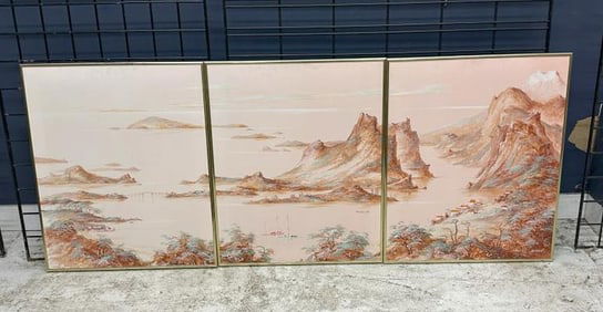 Roland Partos o/c triptych Chinese scenic landscape with ocean, nice condition, in gold metal frame,