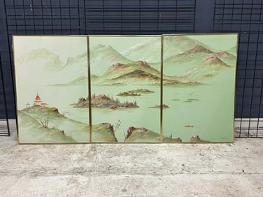 Roland Partos o/c triptych Chinese landscape, nice estate condition, in metal frames, each panel
