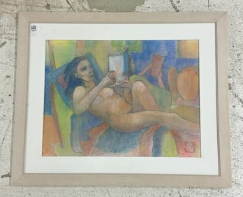 K L McKenna contemporary pastel of Nude Woman reading, titled ( MIMI READING ), nicely framed and