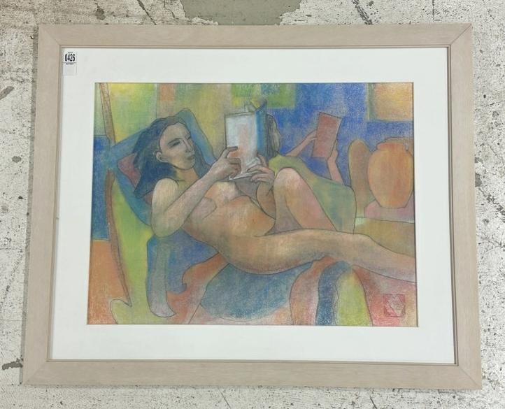 K L McKenna contemporary pastel of Nude Woman reading, titled ( MIMI READING ), nicely framed and: K L McKenna contemporary pastel of Nude Woman reading, titled ( MIMI READING ), nicely framed and matted, in fine condition. Pastel measures 20" x 25", the frame measures 27" x 33". Dated 2002. From f