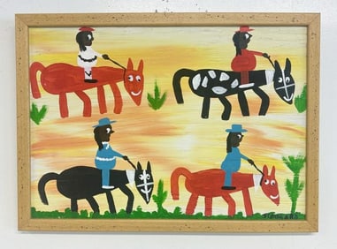 Juanita H. Leonard (early 20th century) folk art o/b figures on horses, signed lower right, from