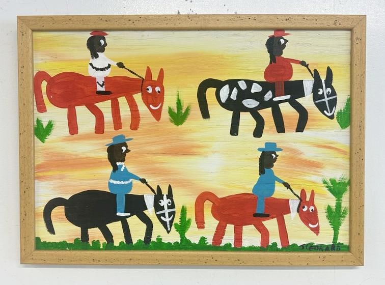 Juanita H. Leonard (early 20th century) folk art o/b figures on horses, signed lower right, from (1 of 3)