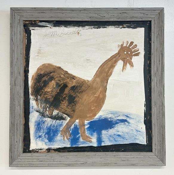 Jimmie Lee Sudduth (1910 - 2007) Outsider Folk Art o/b of chicken, signed up top as pictured. From: Jimmie Lee Sudduth (1910 - 2007) Outsider Folk Art o/b of chicken, signed up top as pictured. From Hudson Valley estate, painting measures 25" x 24", the frame measures 29" x 28". In nice as found est