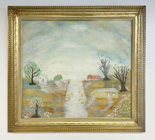 Victor Casalaina o/b Outsider Artist Folk Art farm landscape, signed lower right, in nice older gilt