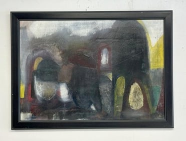 Edward Berkise abstract oil on linen, titled ( THE DARK SIDE #1 ), in contemporary black frame,