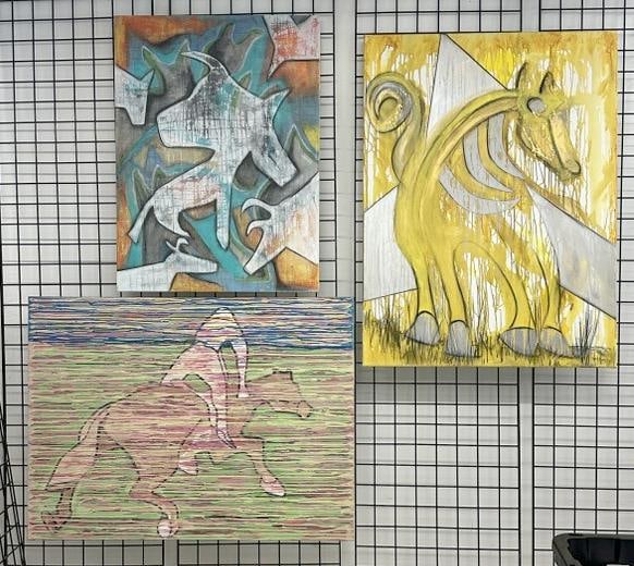 Edward Berkise (3) large o/c abstract paintings with animals, very nice condition, signed and titled (1 of 2)