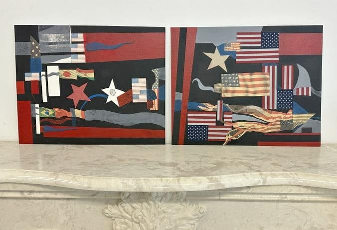 Edward Berkise (2) collages on Artist board, with American Flag themes, nice condition, they measure (1 of 2)