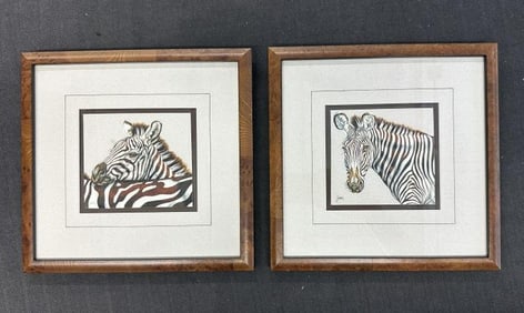 (2) wonderfully executed watercolors of Zebras, nicely matted and in matching burl custom frames,