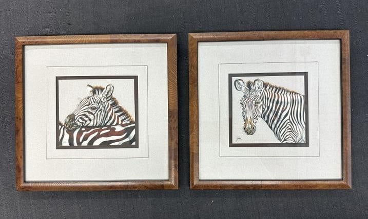 (2) wonderfully executed watercolors of Zebras, nicely matted and in matching burl custom frames,: (2) wonderfully executed watercolors of Zebras, nicely matted and in matching burl custom frames, from prominent NYC area home, the paintings measure 4.75" x 5.25". And signed ( JANE ), In fine condit