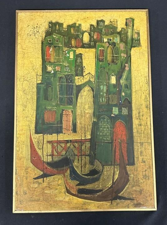 Impressionist o/b Venetian scene, titled on back as pictured, ( has initials on painting possibly ( (1 of 4)