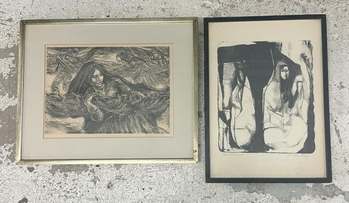 (2) circa 1950's signed prints with Women, one by Marion Greenwood signed lower right, and other is: (2) circa 1950's signed prints with Women, one by Marion Greenwood signed lower right, and other is titled ( ( Mexican Women ), signed ( M. Sillier Stang ? ), in frames of the period. The frames measu