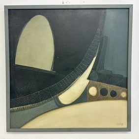 Petie Brigham signed circa 1970's abstract painting, with saying on back and inscribed to friends of