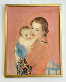 Wonderful circa 1940's o/c illustration of Mother & Child, signed ( SARE ), nice condition, from